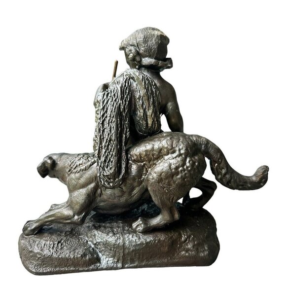 VTG French Style Cast Bronze Sculpture 6.75" Young Boy Fish Spear‎ Cast Net Dog - Picture 4 of 11